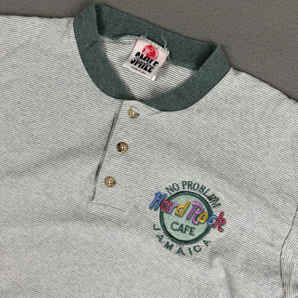 Vintage 90s Hard Rock Cafe Jamaica Henley T Shirt Adult Large Green Short Sleeve